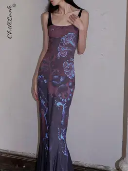 Элегантное женское платье с принтом Y2K и ремешком в виде рыбьего хвоста 2023, сексуальные Макси-платья с открытой спиной, без рукавов, с цветочным рисунком, женское клубное вечернее платье-футляр