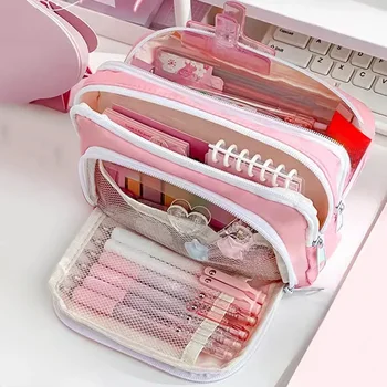 Эстетичные канцелярские принадлежности для девочек, корейские принадлежности на молнии, школьный кейс, Милые сумки для карандашей, Большой держатель, Розовый